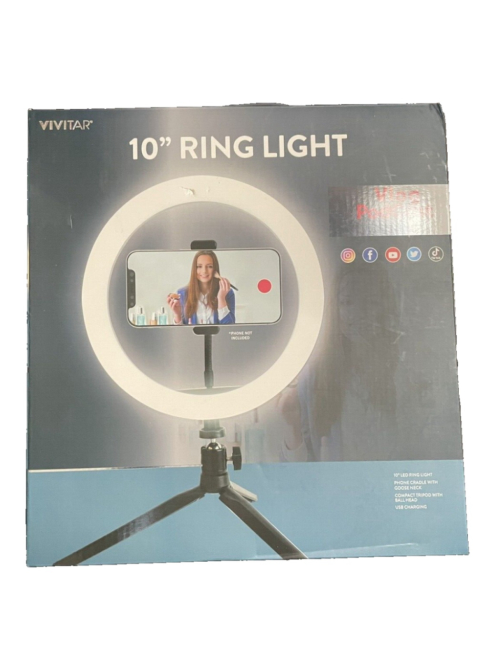 Vivitar 10” Ring Light (Vlog Podcast Essentials) NIB Phone Cradle w/Goose Neck